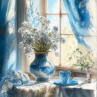 Blue and White Porcelain Tea Set with Floral Curtains and Flowers on Table