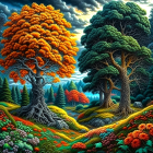 Colorful Trees and Whimsical House in Fantastical Landscape