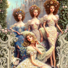 Sophisticated women in ornate dresses and intricate hairstyles in a floral setting