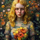 Stylized portrait of woman with golden hair, birds, butterflies, flowers, and leaves