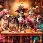 Anthropomorphic dogs in regal attire at fancy table with woman raising glass