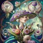 Colorful digital artwork of a woman in botanical attire and intricate floral headdress