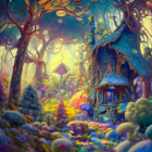 Colorful forest with treehouses, orbs, flora, and a walking tiger