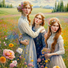 Four girls in vintage dresses with floral wreaths in a blooming field surrounded by lush greenery and