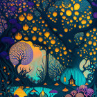 Colorful illustration of enchanted forest with whimsical trees, glowing orbs, cottage, and starlit sky