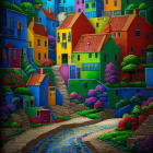 Colorful Stylized Village Scene with Cobblestone Paths and River