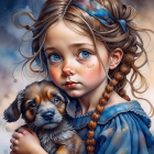 Young girl with braided brown hair hugging puppy in digital artwork