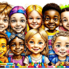 Colorful Painting of Diverse Smiling Children Celebrating Unity