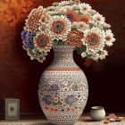 Detailed Floral Pattern Vase with Pink and White Flowers on Brown Background