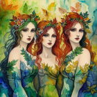 Ethereal women with floral adornments in vibrant botanical setting