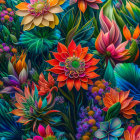 Colorful digital artwork featuring stylized flowers and leaves with intricate patterns.