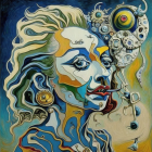 Colorful artwork featuring stylized woman with swirling hair and whimsical eye