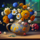 Colorful Flower Still-Life Painting in Ornate Golden Vase