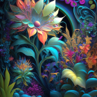 Colorful digital artwork: stylized flowers & plants with intricate patterns