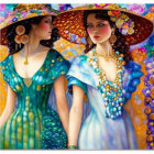 Vibrant impressionistic painting of two women in star-patterned blue dresses