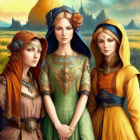 Stylized serene female figures in ornate attire against dreamlike backdrop