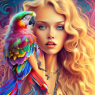 Vibrant woman with golden hair and green eyes beside colorful parrot