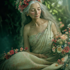 Elderly woman with long gray hair in floral shawl and pearl necklace among lush greenery.