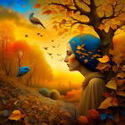 Surreal autumn-themed woman surrounded by vibrant landscape