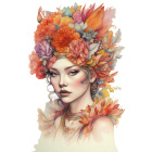 Illustrated woman with wavy hair and floral adornments in vibrant colors