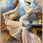 Vintage-dressed women in elegant setting with mirror and gold details.