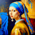 Colorful digital artwork of woman in blue headscarf and intricate golden-yellow garment with floral and geometric