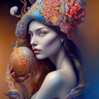 Woman portrait with floral headgear and mystical sphere.