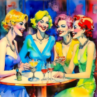 Four stylish women with vibrant makeup and retro hairstyles at a colorful bar.