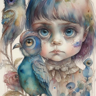 Colorful watercolor illustration of a young girl with expressive eyes and stylized birds.