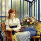 Victorian-era lady in yellow dress by flowery conservatory window with book