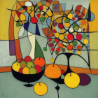 Vibrant fruit tree painting with bowl of fruits on yellow background