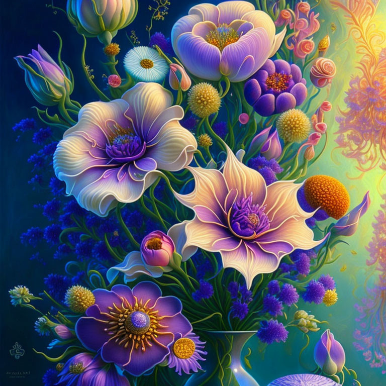 Colorful digital artwork: blooming purple and pink flowers on intricate blue background