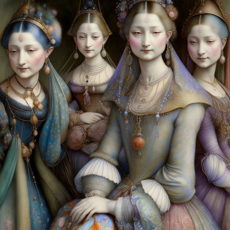 Four women in ornate traditional attire with elaborate headdresses and jewelry portrayed in a realistic yet ethereal