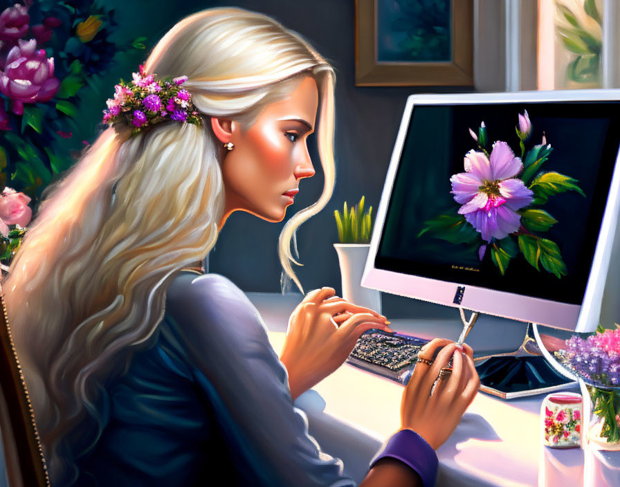 Woman with floral wreath focused on computer with digital flower display