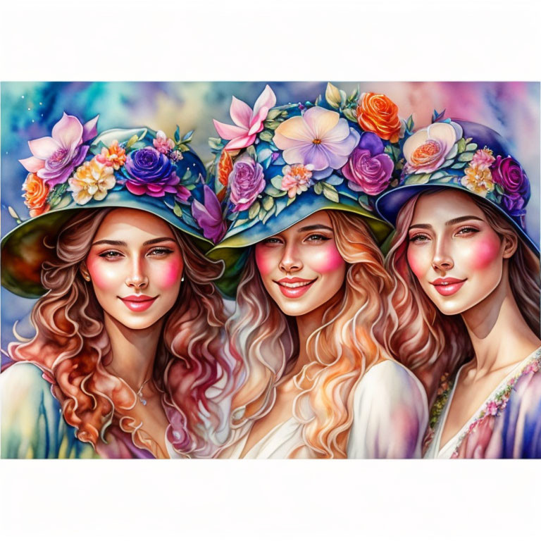 Colorful portrait of three women with floral hats and wavy hair