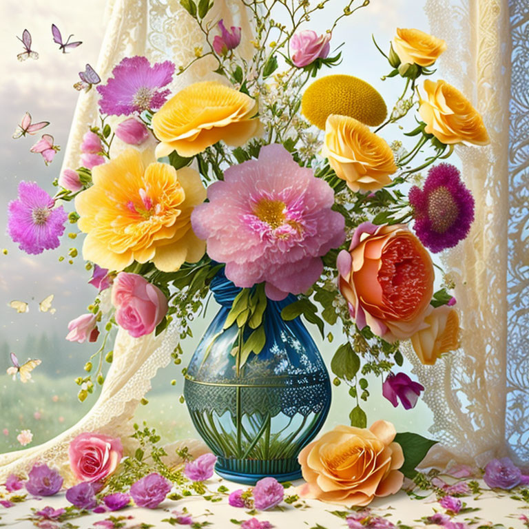 Assorted flowers in blue vase with butterflies and lace on pastoral backdrop