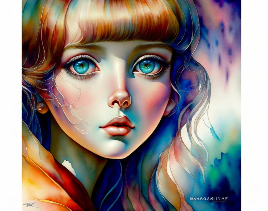 Girl with Large Blue Eyes and Colorful Hair on Abstract Background