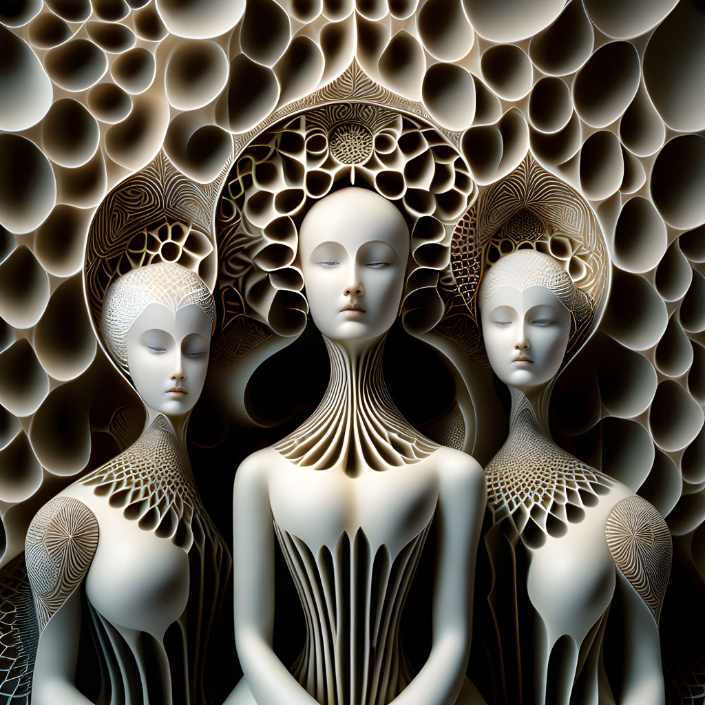 Stylized androgynous figures with sculptural bodies on fractal backdrop