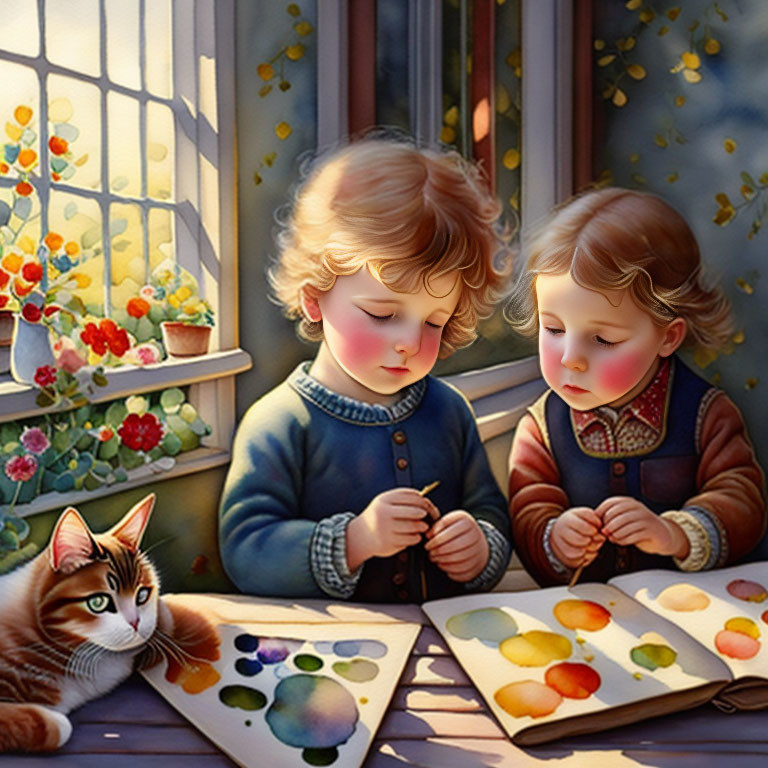 Children painting with watercolors by window, cat watching, sunlight through foliage