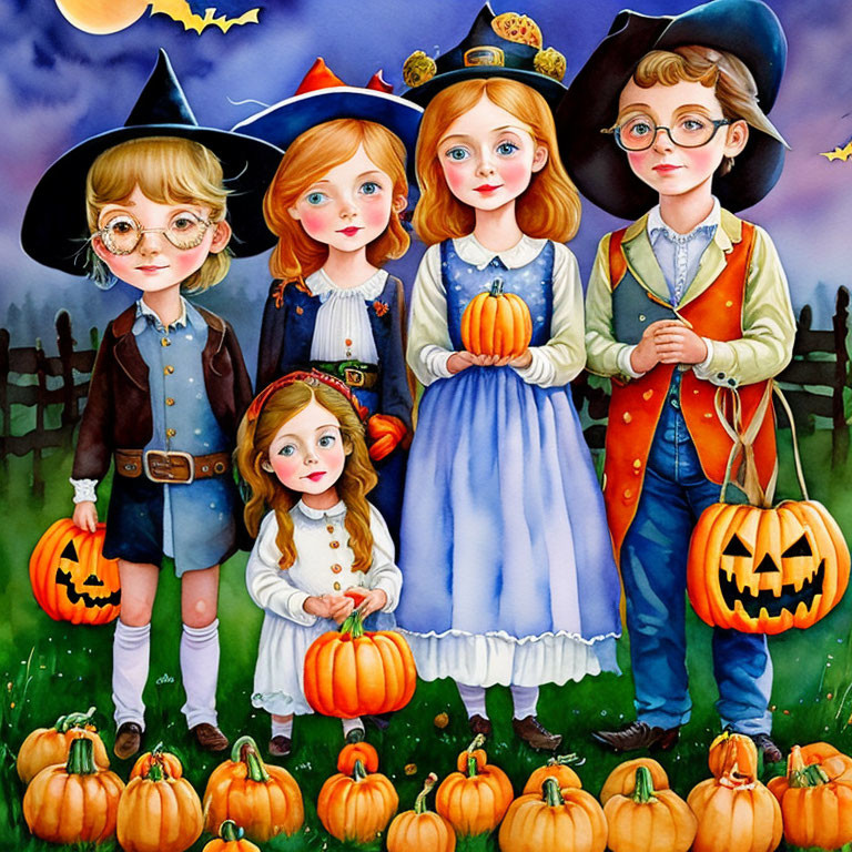 Four children in Halloween costumes with pumpkins in twilight setting