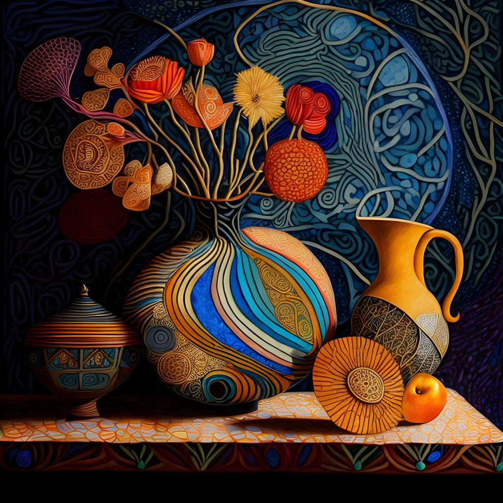 Colorful still life painting with patterned vases, pitcher, flowers, and fruit