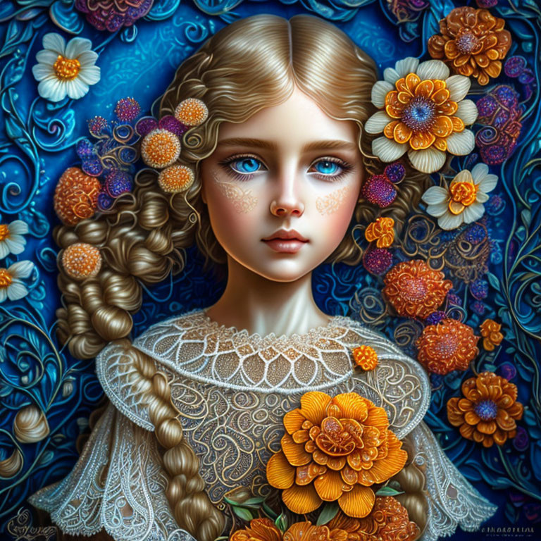 Blond Braided Hair Girl Surrounded by Floral Patterns
