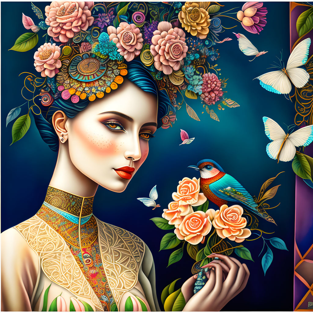 Detailed woman with floral, butterfly motifs & bird on blue background