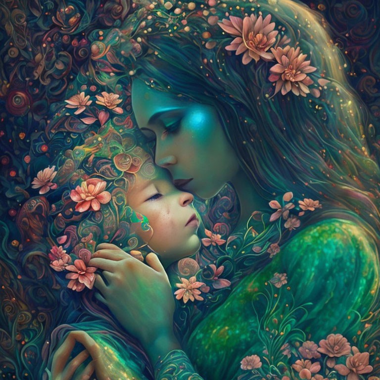 Vibrant surreal illustration of woman and child in floral motif embrace