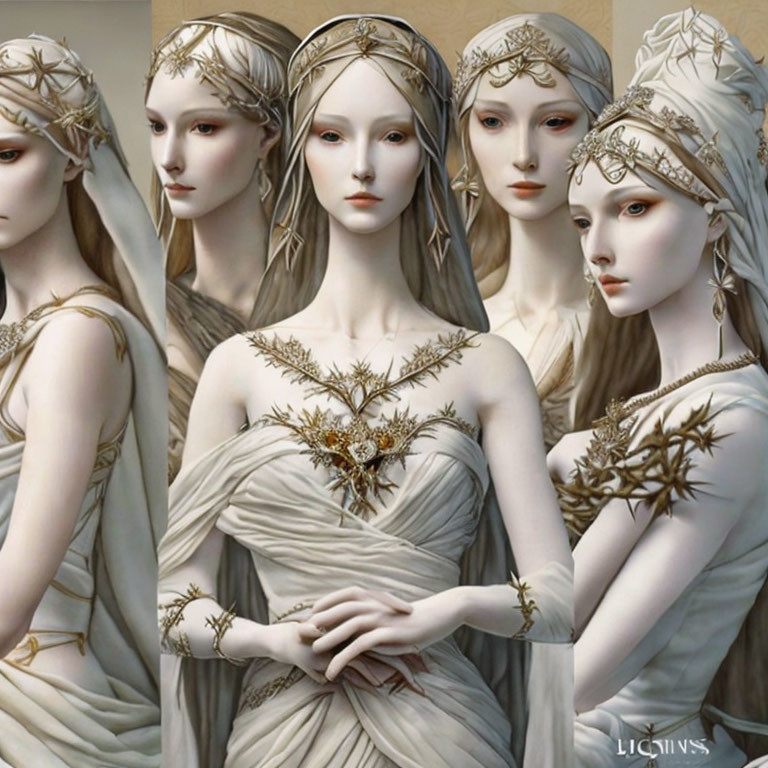 Ethereal female figures in golden crowns and jewelry wearing off-shoulder gowns