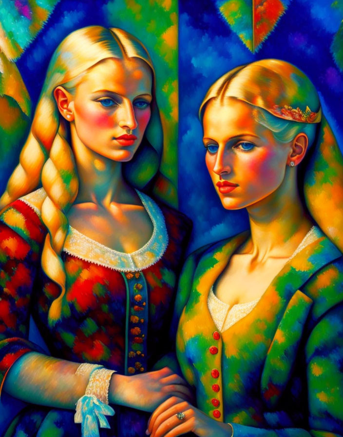 Colorful portrait of two women in braided hair and medieval dresses