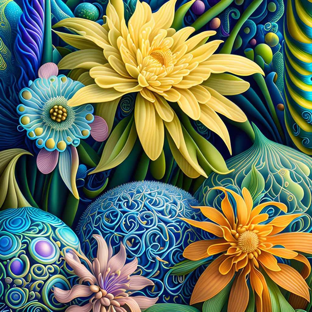 Colorful digital art: stylized flowers, textured spheres, intricate patterns on dark background