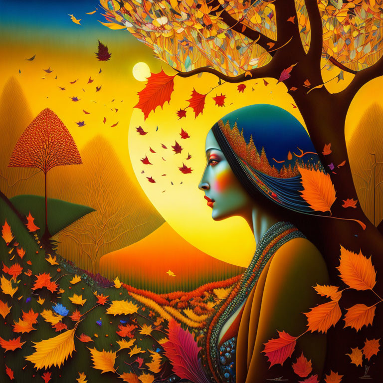 Surreal autumn-themed woman surrounded by vibrant landscape