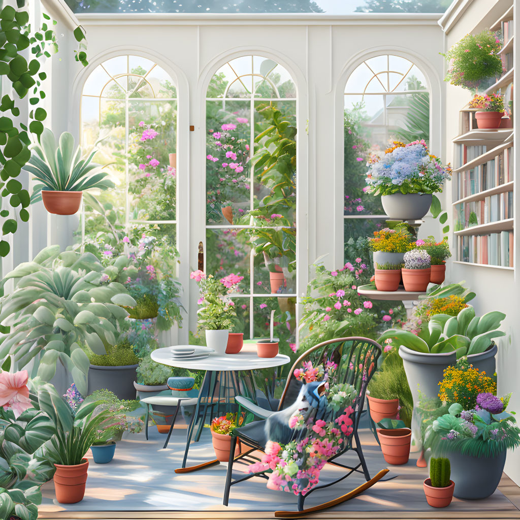 Sunlit Room with Plants, Flowers, Bookshelf, and Garden View