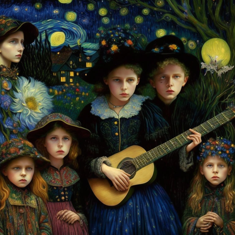 Stylized painting of five children with guitar in Van Gogh-inspired landscape